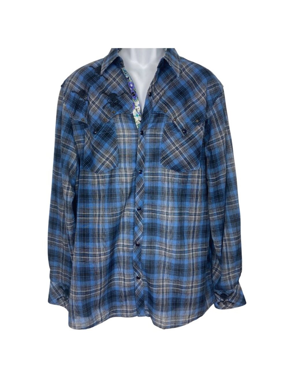 Rock Roll N Soul Blue Plaid Snap Shirt Mens XL Skull Embroidery Floral Accents